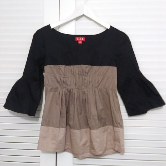 Elle Top Black Tan 100% Cotton Flutter Sleeve Color blocked Blouse Womens X Sm - Picture 7 of 7